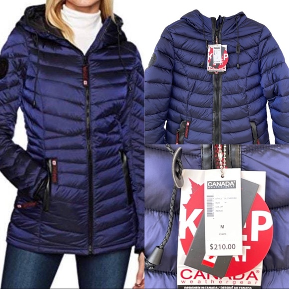 CANADA Weather Jackets & Blazers - CANADA WEATHER GEAR Indigo Satin Puffer Jacket Hooded